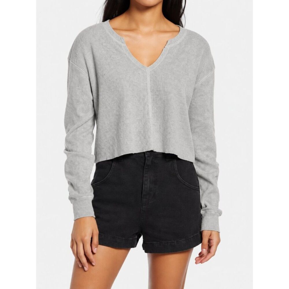 BP. Women's Crop Top Waffle Knit Sweater Size S Gray Notch Neck Organic Cotton